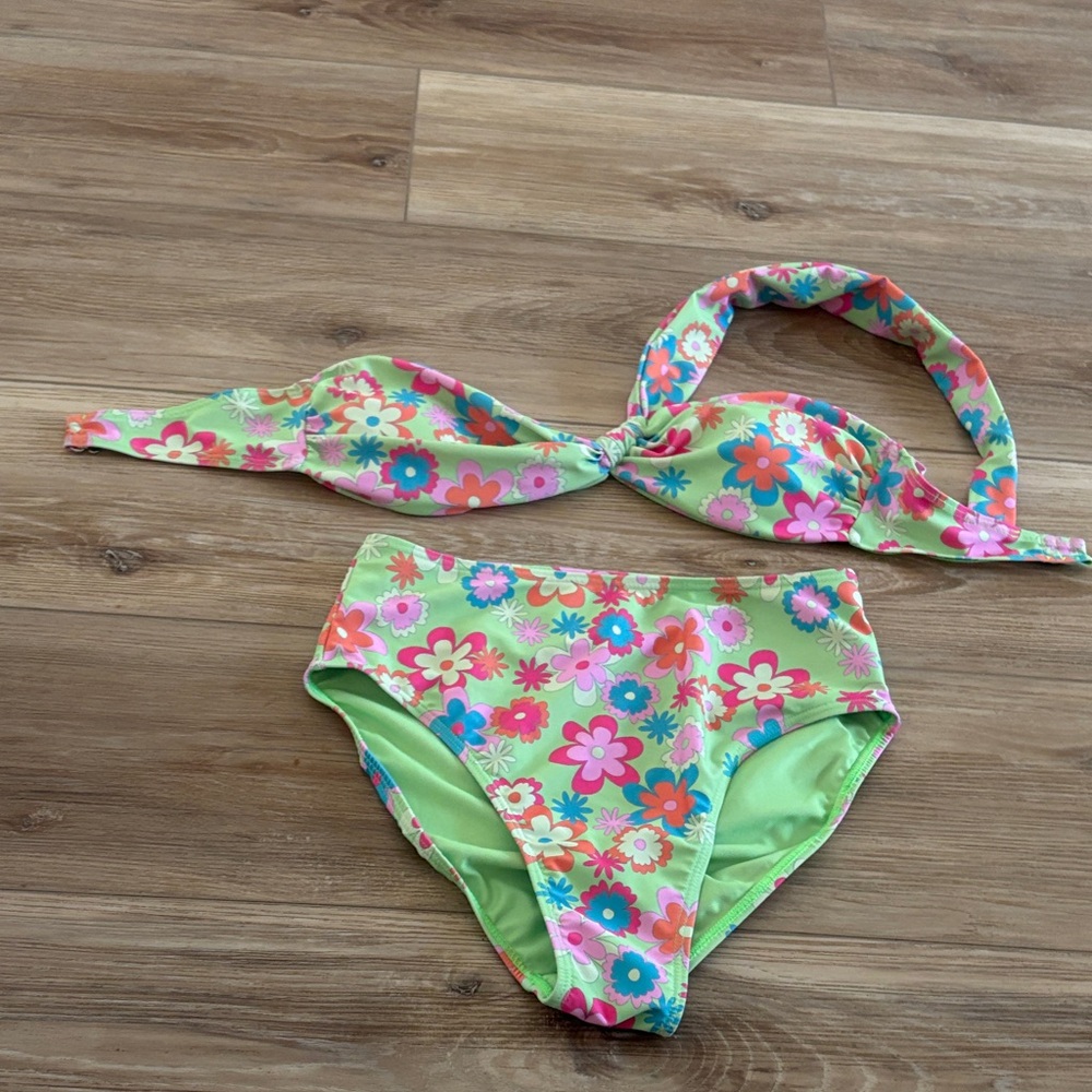 Pink Lily Floral Bikini - Green and Pink